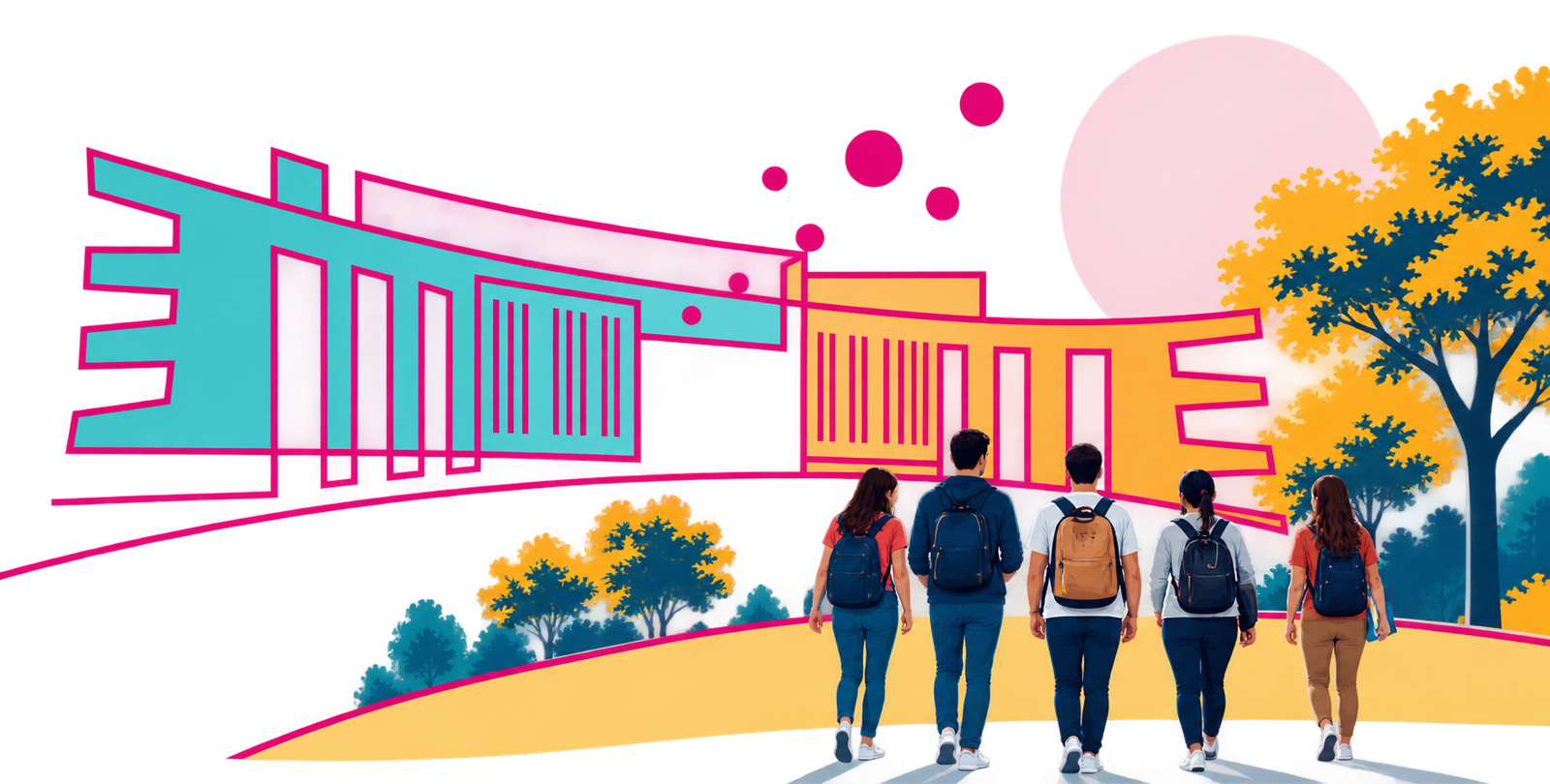 Ilustración de estudiantes caminando hacia una universidad
